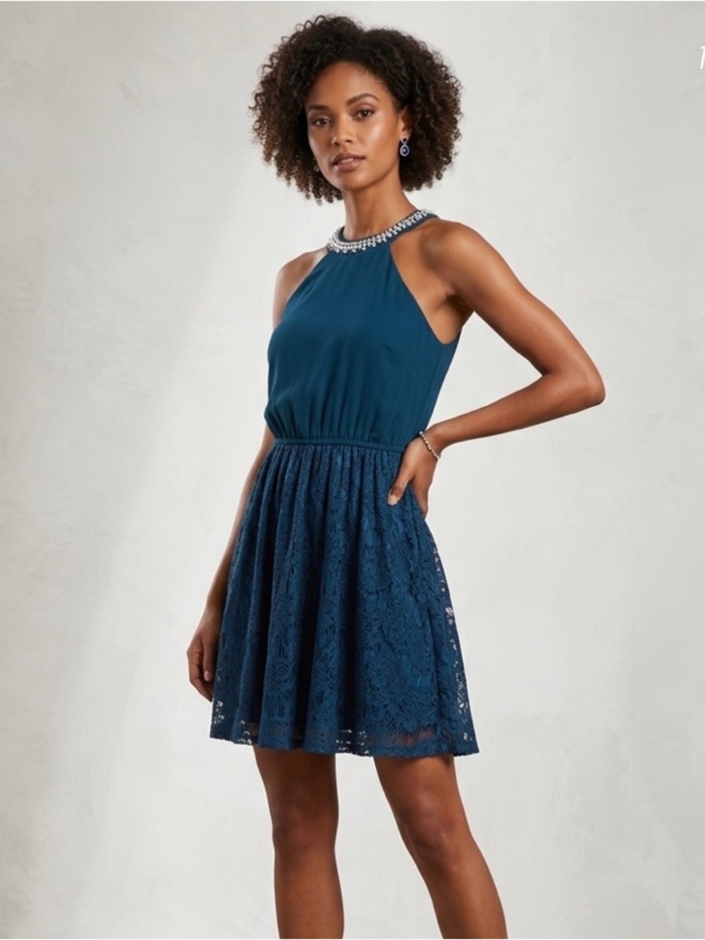 #BlueRain #NavyBlueDress #PearlHalter #EmbellishedNeckline #MiniDressStyle